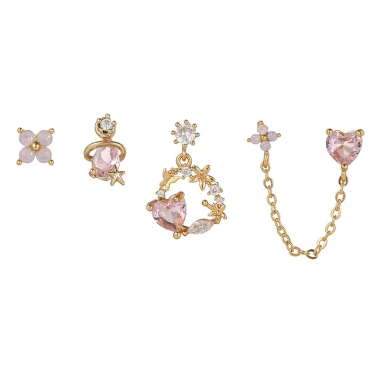 Pink Crystal Hearts and Flowers 4 Piece Earring Set