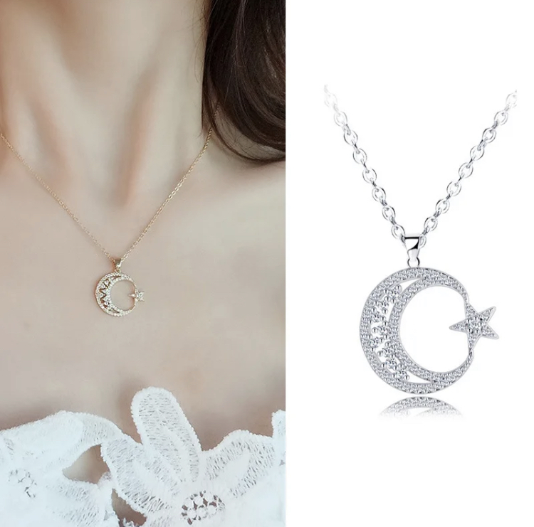 Silver Moon and Star Necklace-Silver moon and star necklace