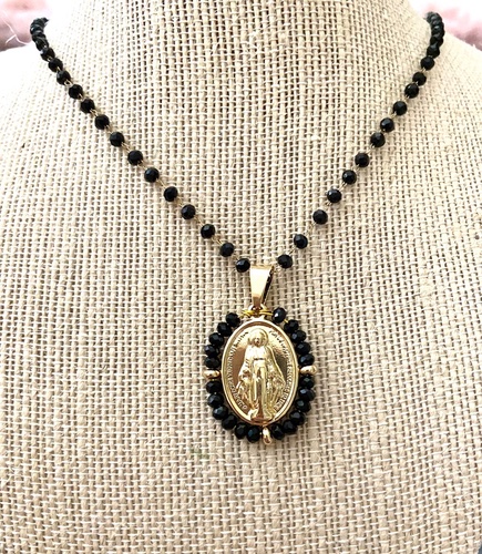 Onyx Virgin Mary Charm Necklace-Onyx Virgin Mary charm necklace