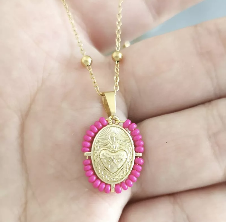 Hot Pink Sacred Heart Charm Necklace-Hot pink sacred heart charm necklace