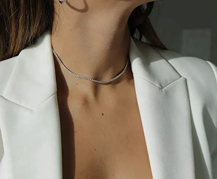 Gold 2mm CZ Tennis Choker Necklace-Clear cz tennis necklace choker