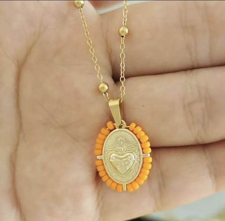 Tangerine Sacred Heart Charm Necklace-Tangerine sacred heart charm necklace