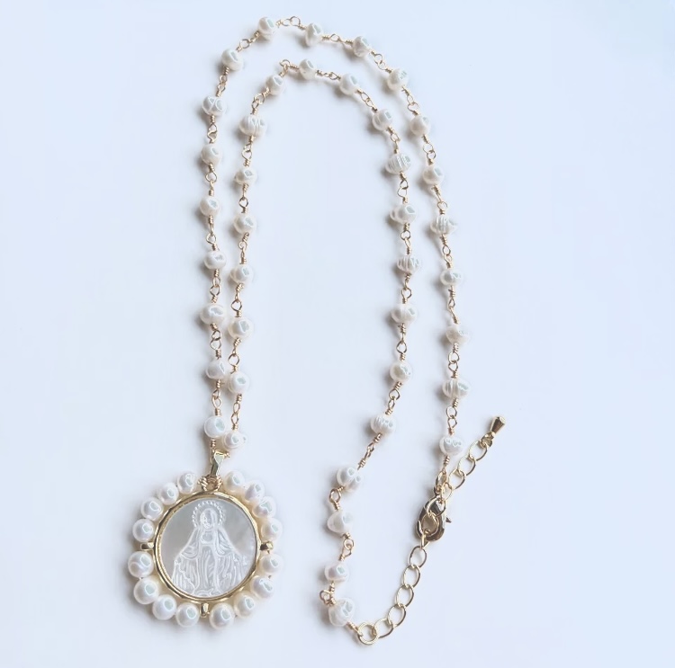Freshwater Pearl Necklace with Virgin Mary Pendant-Freshwater Pearl Mother of Pearl Virgin Mary Necklace