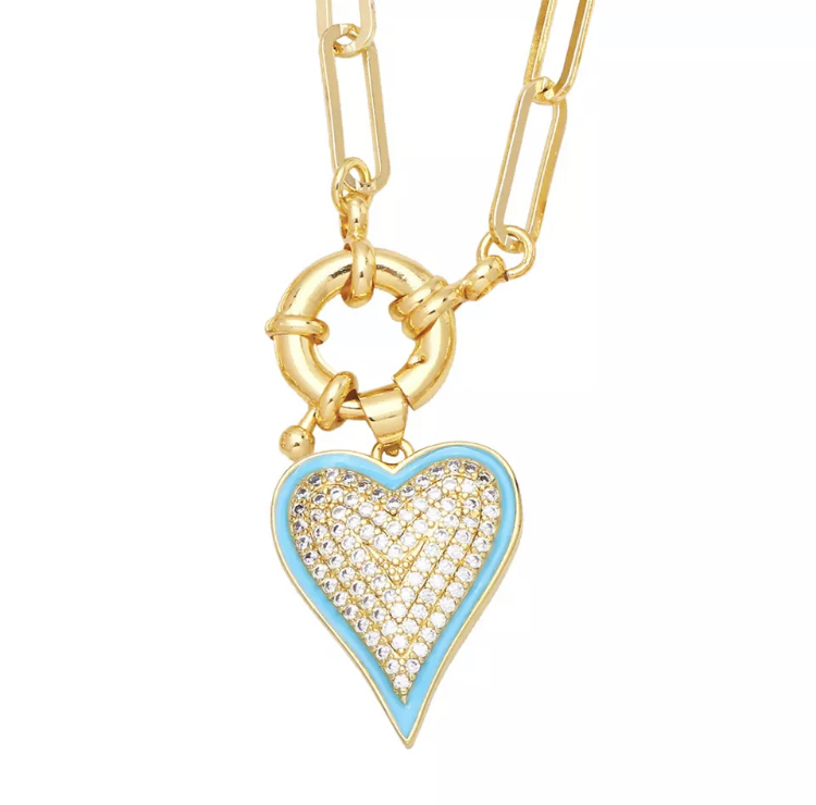 Sky Blue Pavé Heart Necklace-Sky blue pav heart necklace