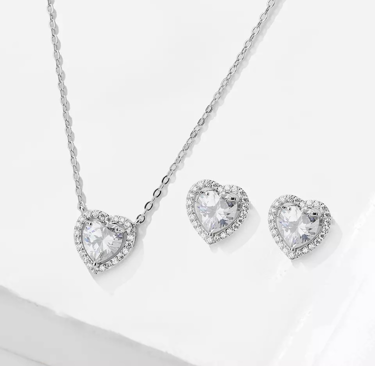 Silver Heart Necklace and Earring Set-Silver heart necklace and earring set