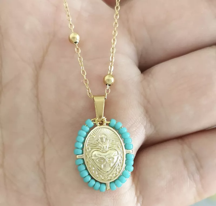 Sea Green Sacred Heart Charm Necklace-Sea green sacred heart charm necklace