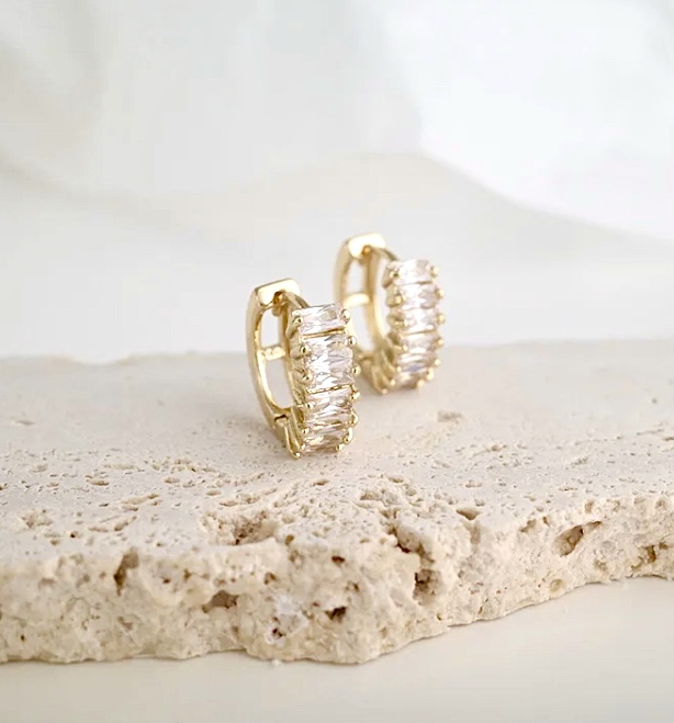 Gold Baguette CZ Huggie Hoop Earrings-Gold Baguette CZ Huggie Hoop Earrings