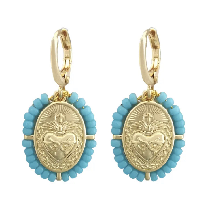 Gold Sacred Heart Earrings with Turquoise Beaded Accents-Gold Sacred Heart Earrings with Turquoise Beaded Accents 