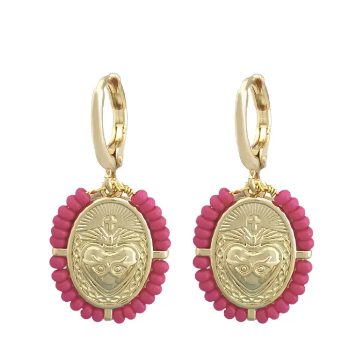 Gold Sacred Heart Earrings with Hot Pink Accent-Gold Sacred Heart Earrings with Hot Pink Accent 
