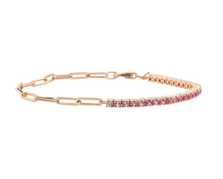 Rose Gold Pink Tennis Bracelet Half with Paperclip Chain-Rose Gold Pink Tennis Bracelet Half with Paperclip Chain