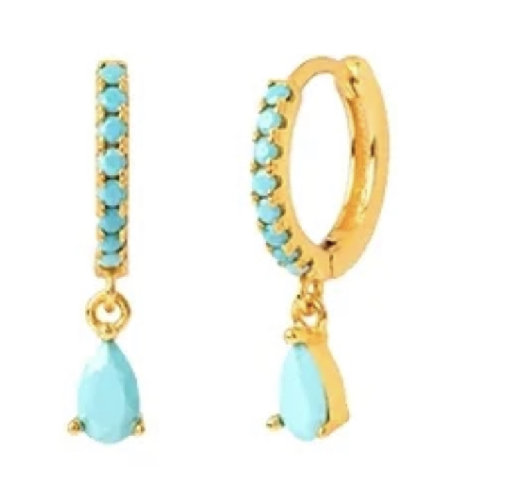 Gold Turquoise Drop Dangle Hoop Earrings-Gold Turquoise Drop Dangle Hoop Earrings