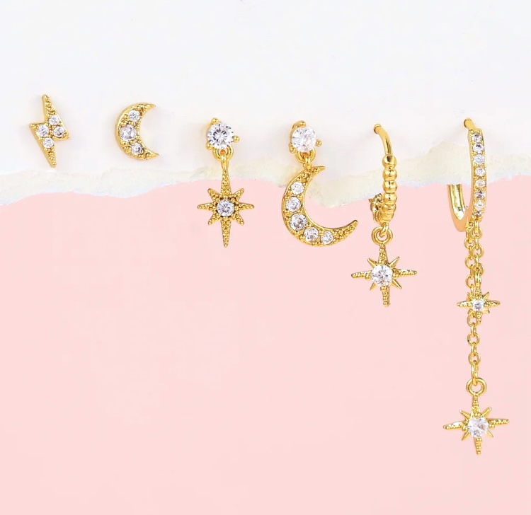 Gold Crystal Tiny Moon and Stars 6 Piece Earring Set-Gold Crystal Tiny Moon and Stars 6 Piece Earring Set