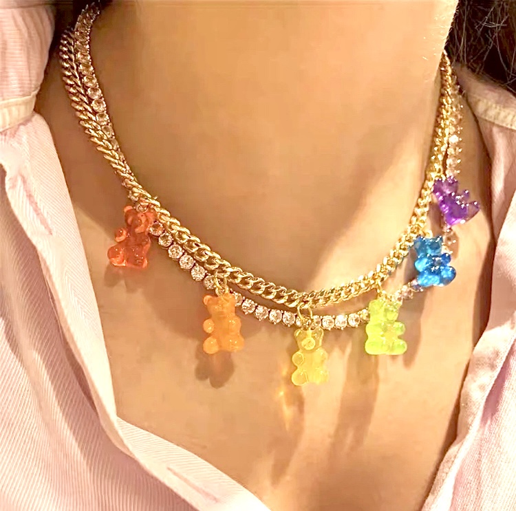 Double Chain Gummy Bear Charm Necklace-Double Chain Gummy Bear Charm Necklace