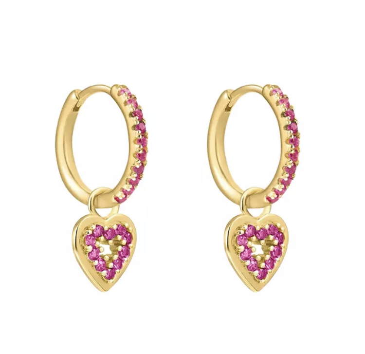 Gold Ruby Heart Dangle Hoop Earrings-Gold Ruby Heart Dangle Hoop Earrings