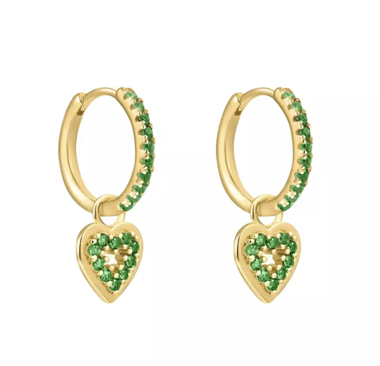 Gold Emerald Heart Dangle Hoop Earrings-Gold Emerald Heart Dangle Hoop Earrings