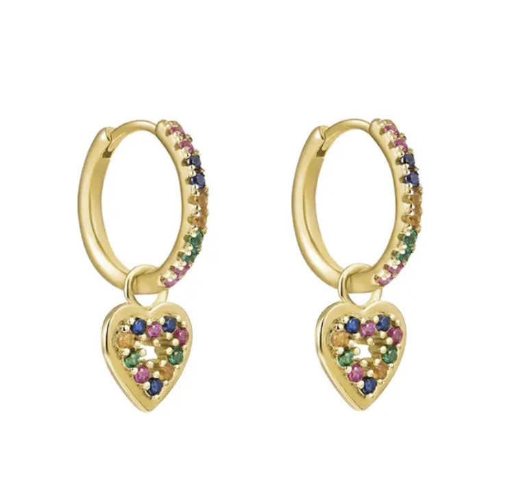 Gold Jewel Tone Heart Dangle Hoop Earrings-Gold Emerald Heart Dangle Hoop Earrings