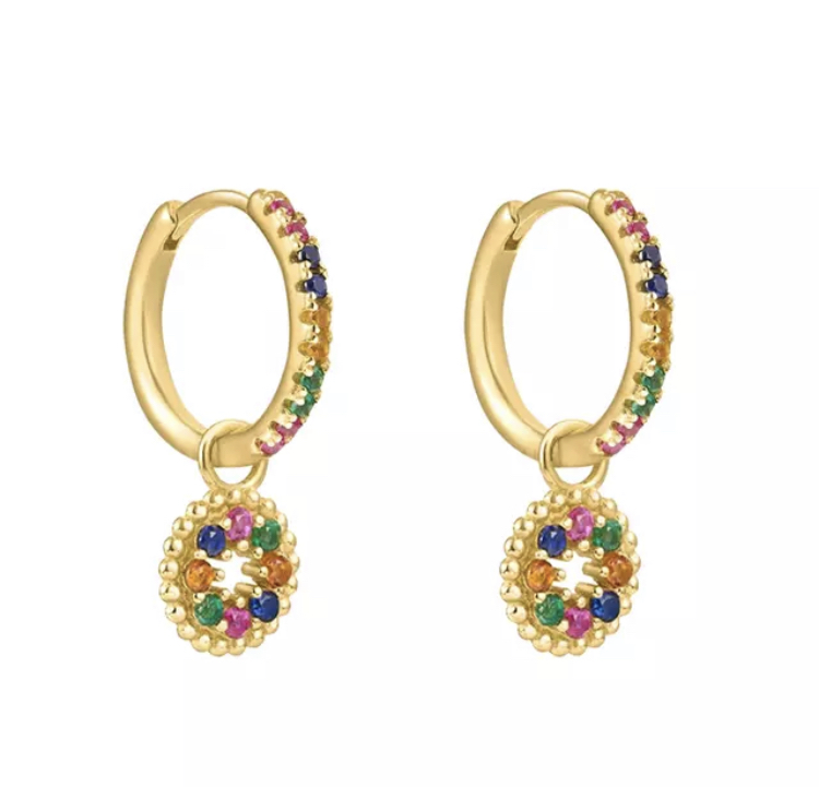 Gold Jewel Tone Hoops with Circle Dangles-Gold Jewel Tone Hoops with Circle Dangles