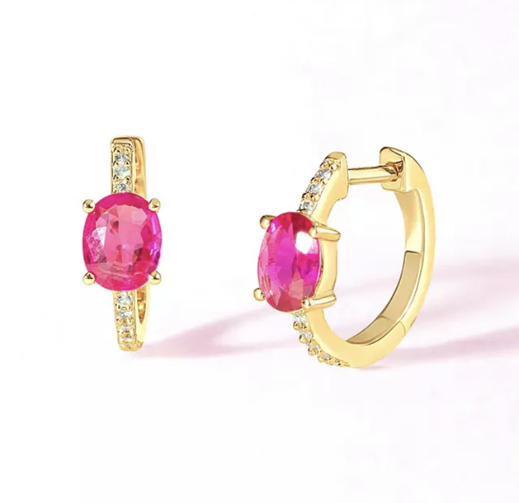 Gold Ruby and CZ Dangle Earrings-Gold Ruby and CZ Dangle Earrings 