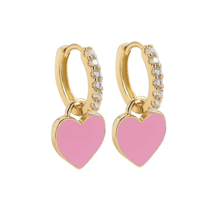 Gold CZ Hoops with Pink Heart Dangle-Gold CZ Hoops with Pink Heart Dangle 