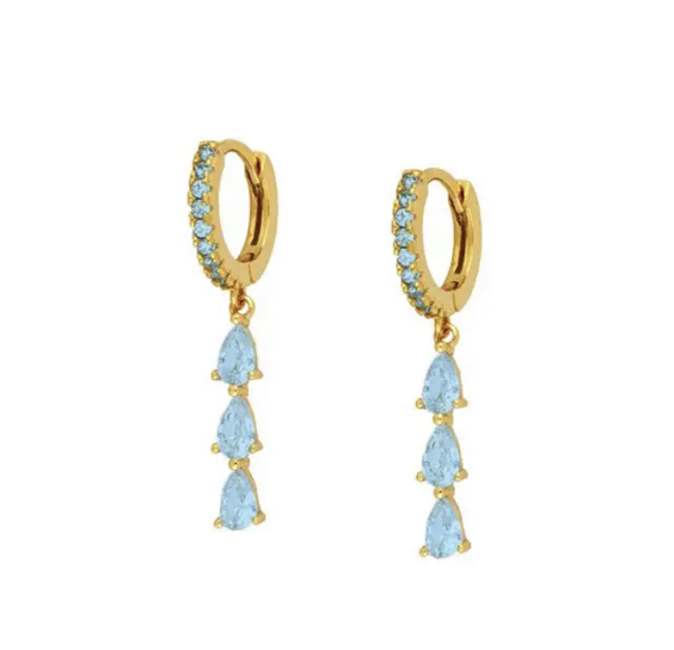 Gold Light Blue Crystal Hoops with Crystal Dangle-Gold Light Blue Crystal Hoops with Crystal Dangle