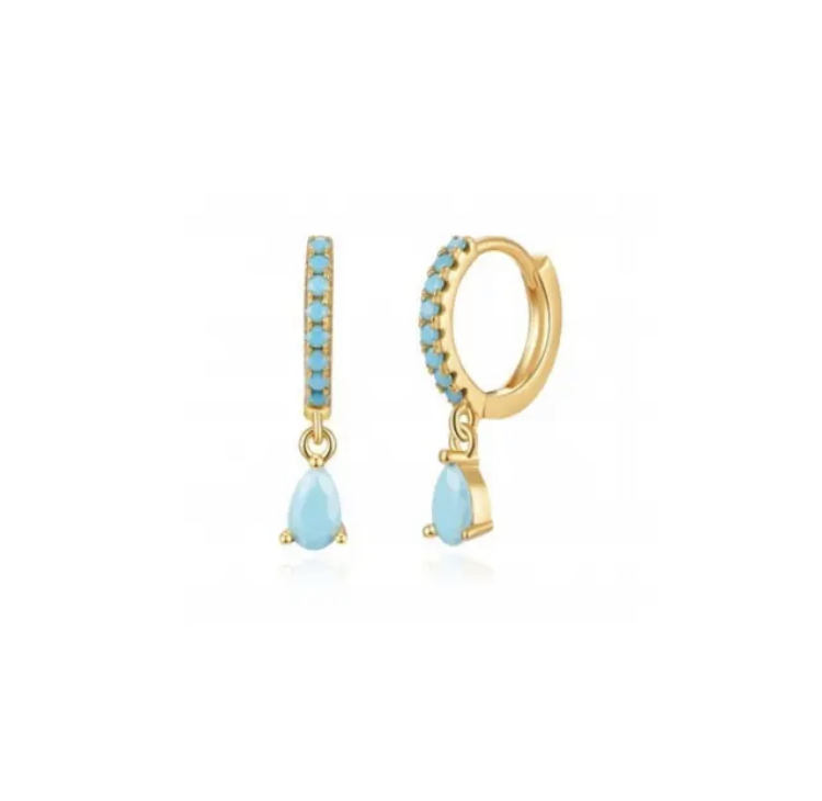 Gold Turquoise Pavé Set Hoops with Turquoise Drop-Gold Turquoise Pav Set Hoops with Turquoise Drop
