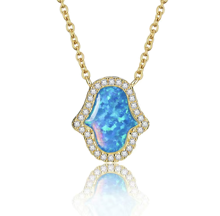 Gold Blue Opal Hamsa Necklace-Gold Blue Opal Hamsa Necklace