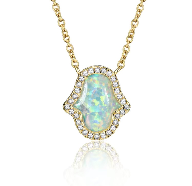 Gold White Opal Hamsa Necklace-Gold White Opal Hamsa Necklace 