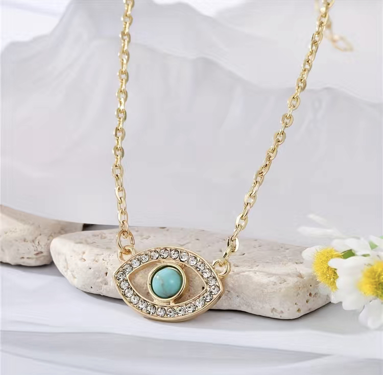 Gold Pavé Set Turquoise Accented Evil Eye Necklace-Gold Pav Set Turquoise Accented Evil Eye Necklace 
