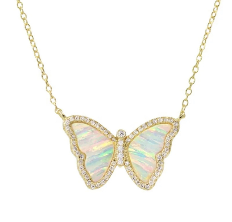 Gold Pavé Set Opal Butterfly Necklace-Gold Pav Set Opal Butterfly Necklace