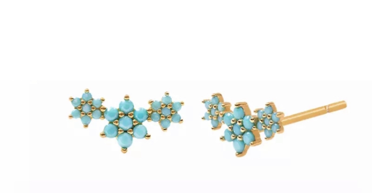 Gold Turquoise Flower Trio Earrings-Gold Turquoise Flower Trio Earrings
