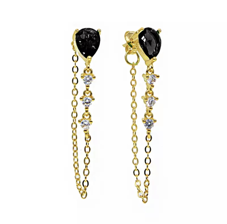 Gold Black Onyx Earrings with CZ Accent Chain-Gold Black Onyx Earrings with CZ Accent Chain