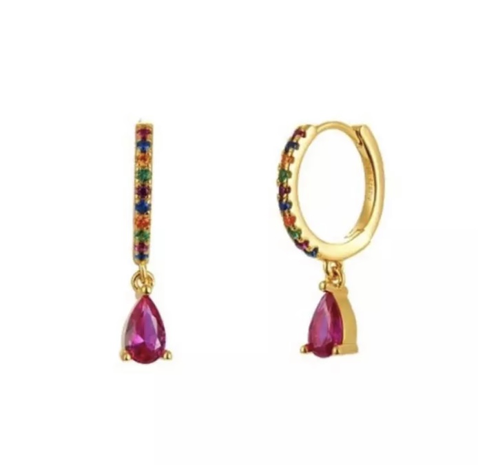 Gold Jewel Tone Hoop Earrings with Ruby Dangle-Gold Jewel Tone Hoop Earrings with Ruby Dangle